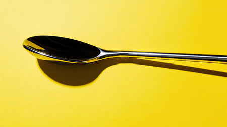 A sleek silver spoon gracefully rests on a vibrant yellow background, showcasing its shiny surface and modern design, capturing reflections beautifully.の素材