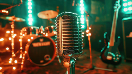 A stunning close-up of a vintage microphone set against a backdrop of a drum set and colorful stage lights, perfect for showcasing music events and performances.の素材