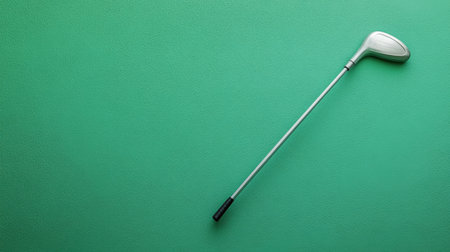A classic golf club lies on a vibrant green background, perfect for showcasing the essence of sports and leisure activities. Ideal for various promotions.の素材