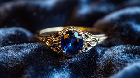 This stunning vintage gold ring features a beautiful deep blue sapphire gemstone, artfully displayed against a luxurious velvet background.の素材