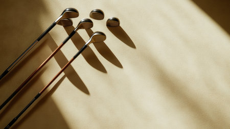 A serene composition of golf clubs resting on a textured surface, highlighted by shadows and natural light, evoking a sense of calm and focus in sports.の素材