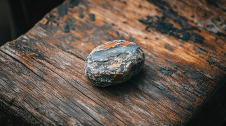 A smooth, multicolored stone rests elegantly on a weathered wooden surface, highlighting the beauty of natural textures and earthy tones in a serene setting.の素材
