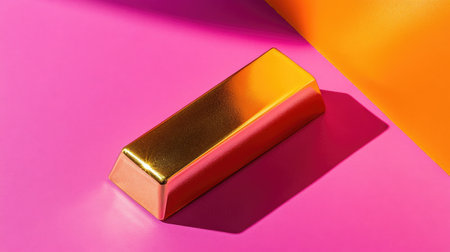A striking gold bar rests on a vibrant pink and orange background, showcasing beautiful reflections and shadows. This image embodies luxury and modern design.の素材