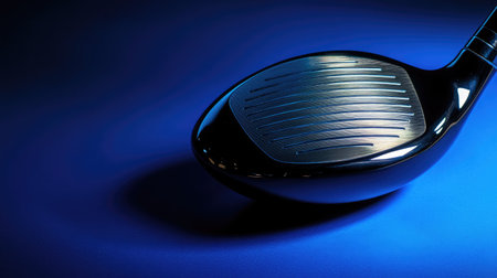 This image features a close-up view of a golf club head showcasing its sleek surface and intricate texture against a striking dark blue background.の素材