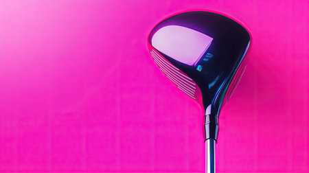 A striking close-up of a golf club head featuring a sleek design and gleaming surface, set against a vibrant pink background. Perfect for sports-themed projects.の素材