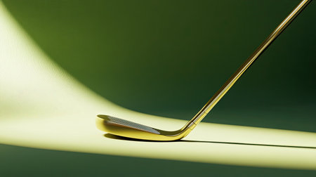 A stunning close-up of a golf club head laid against a soft green surface, capturing intricate details and gentle light reflections that emphasize its design.の素材