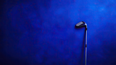 A striking image featuring a sleek golf club leaned against a vibrant blue wall, capturing the essence of sport and artistry in a minimalistic setting.の素材