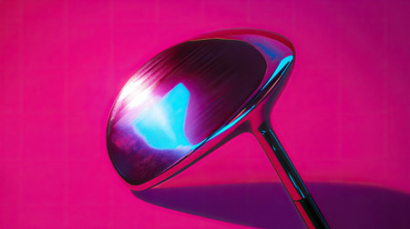 A close-up view of a shiny metallic golf club head reflecting light against a vibrant pink background. The artistic lighting creates an intriguing visual dynamic.の素材
