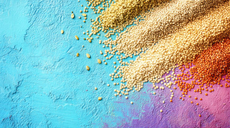 A stunning display of various seeds scattered on a textured blue and purple background, ideal for promoting healthy eating and culinary creativity.の素材