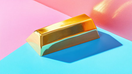 A stunning gold bar positioned on a modern geometric backdrop featuring bright colors and playful lighting. This image captures the essence of luxury and wealth.の素材
