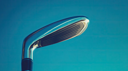 A close-up view of a gleaming golf club iron head displayed against a blue background, highlighting its intricate design and polished surface. Perfect for sports enthusiasts.の素材