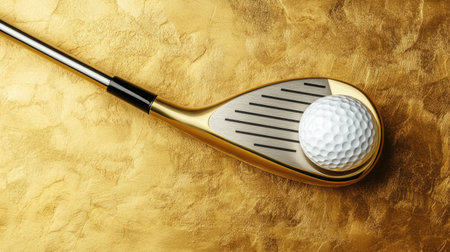 A stunning close-up of a gold golf club and a pristine white golf ball resting on a textured gold background. Ideal for sports and luxury themes.の素材