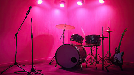 A colorful music stage setup featuring a drum kit and guitar, illuminated by dynamic pink lights. Perfect for showcasing creativity in music.の素材