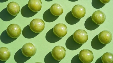This image showcases vibrant green grapes arranged in a striking pattern against a bright green background, highlighting their glossy texture and appealing shadows. Perfect for conveying freshness and health.の素材