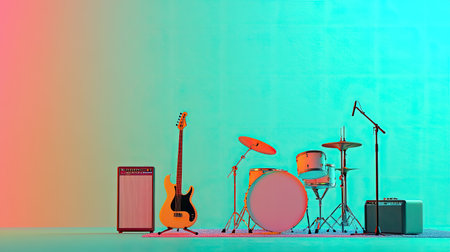 This vibrant image captures a lively music studio scene featuring an electric guitar, drum kit, and amplifier, perfect for showcasing musical creativity.の素材
