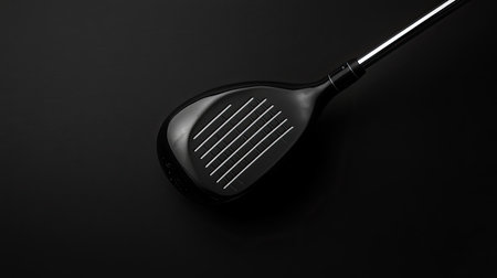 A striking black golf club head is presented against a dark background, highlighting its modern design and precision engineering for optimal performance on the course.の素材