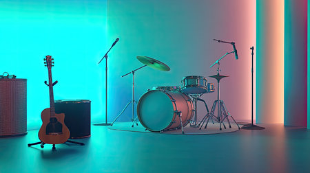 A vibrant music studio featuring drums, an acoustic guitar, and microphones, illuminated by colorful lighting to create an inspiring atmosphere.の素材