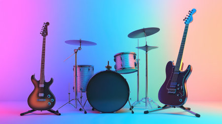 This vibrant image showcases a dynamic arrangement of electric guitars and a drum set, perfect for music-related projects. The neon background enhances the creative vibe, making it ideal for themes of performance and celebration.の素材