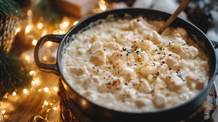 This image features a creamy white soup with gnocchi and herbs in a black pot. It is beautifully accented by soft ambient lights, creating a cozy atmosphere.の素材