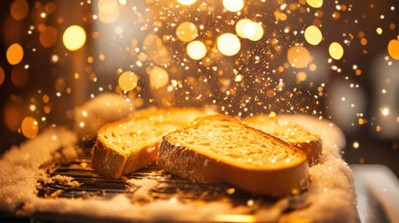 This enticing image captures warm slices of toast resting on a cozy rack, enhanced by soft bokeh lights and gentle snowflakes, creating a perfect winter ambiance.の素材