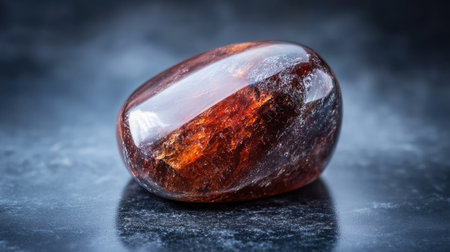 A polished amber gemstone showcases its vibrant orange hue and smooth surface. The elegant reflections highlight its natural beauty, evoking a sense of warmth and tranquility.の素材