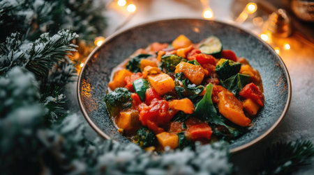 A vibrant bowl of vegetable stew featuring fresh broccoli and peppers, set in a warm, cozy atmosphere adorned with festive lights and greenery.の素材