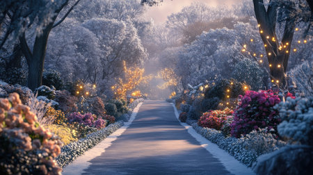 A tranquil winter lane adorned with glowing lights and vibrant flowers creates a magical atmosphere, inviting peaceful strolls in a snowy landscape.の素材