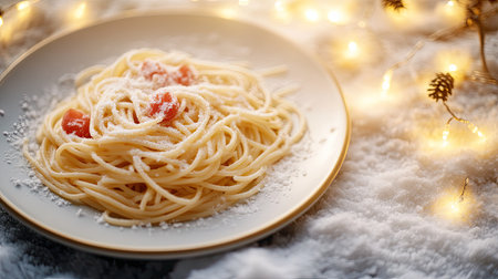 A beautiful plate of spaghetti topped with fresh tomatoes and grated cheese, set against a snowy backdrop with soft, warm lights creating a cozy ambiance, perfect for winter gatherings.の素材
