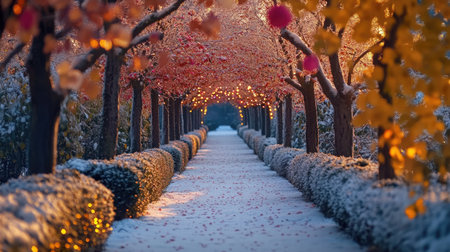 A tranquil winter pathway lined with colorful autumn leaves and twinkling lights, creating a mesmerizing snowy garden landscape at dawn.の素材