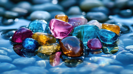 A stunning collection of colorful gemstones rests on smooth stones, reflecting light in a serene water setting. The vibrant hues create an artistic display.の素材