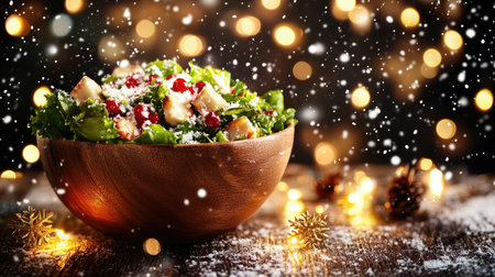 A beautifully arranged salad in a wooden bowl, adorned with festive ingredients and surrounded by sparkling lights, creating a cozy holiday vibe.の素材