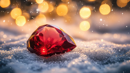 A stunning ruby gemstone rests on a bed of snow, surrounded by glowing bokeh lights, evoking a whimsical winter ambiance and festive charm.の素材