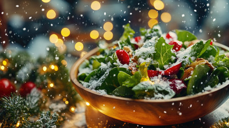 A vibrant fresh green salad featuring cherry tomatoes, presented in a wooden bowl, set against a beautifully blurred snowy background, perfect for winter holiday festivities.の素材