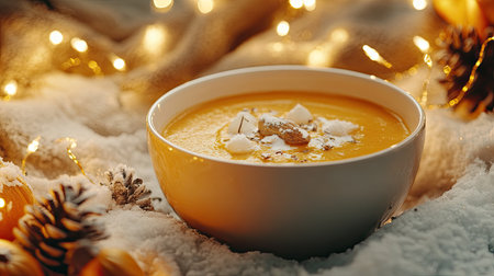 A cozy bowl of creamy pumpkin soup adorned with nuts and coconut flakes, surrounded by winter lights and decorations, creating a warm atmosphere.の素材