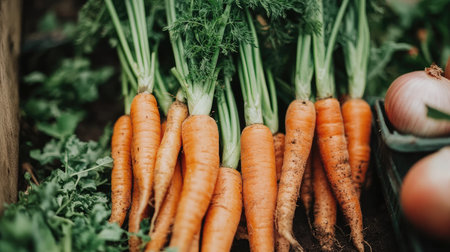 A collection of freshly harvested organic carrots with vibrant green tops, showcasing their rich color and earthy texture, ideal for healthy meals.の素材