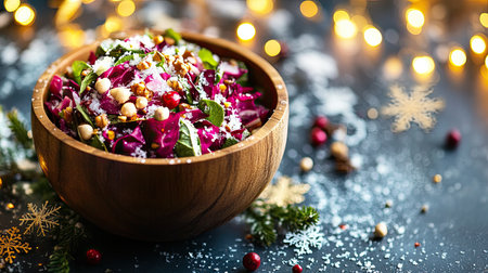This vibrant salad features a blend of fresh vegetables and nuts elegantly presented in a wooden bowl, creating a festive centerpiece for seasonal gatherings.の素材