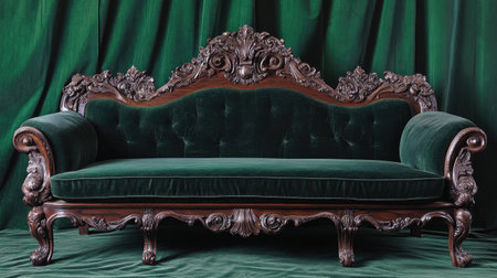 A stunning vintage couch featuring deep green velour upholstery and intricate wood carvings. This elegant piece enhances any interior setting with its warm charm.の素材