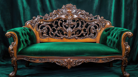 This elegant vintage couch features a rich green velvet upholstery and an intricately carved wooden frame, showcasing exceptional craftsmanship and timeless beauty.の素材