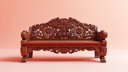 This stunning hand-carved wooden bench features intricate floral patterns and artisan craftsmanship, set against a soft pink background, perfect for any decor.の素材