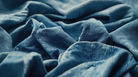 This image showcases a soft blue fabric texture with intricate folds and wavy patterns, perfect for creative uses in fashion, interior design, and art.の素材