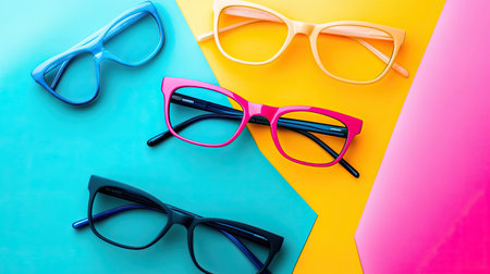 A collection of colorful fashion glasses rests on a bright background with blue, yellow, pink, and black elements, perfect for showcasing trendy eyewear styles.の素材