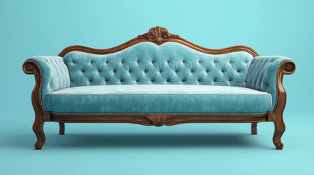 This vintage tufted sofa features elegant blue upholstery and intricate wooden detailing, perfect for adding charm and style to any living space.の素材