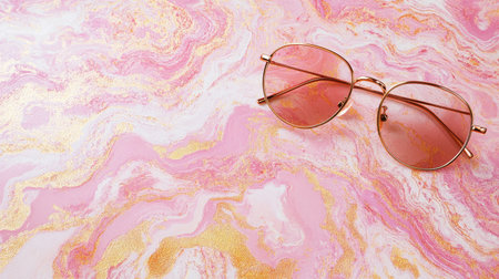 A pair of stylish round sunglasses rests on a beautiful pink and gold marbled surface, ideal for summer fashion themes, accessories, and lifestyle shots.の素材