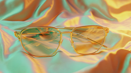 A pair of stylish golden sunglasses rests elegantly on vibrant satin fabric, capturing soft light to create a luxurious and artistic mood for photography.の素材
