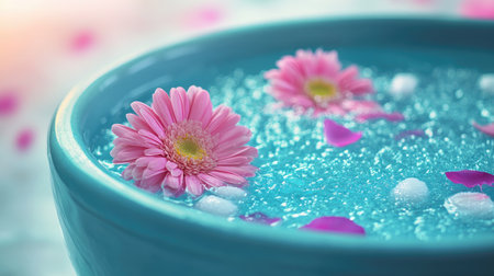 A serene water bowl featuring blooming pink flowers and delicate petals, ideal for relaxation and spa settings. Perfect for wellness themes.の素材
