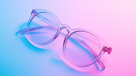 This image features stylish round transparent glasses set against a vibrant gradient background of pink and blue tones, showcasing modern eyewear design.の素材