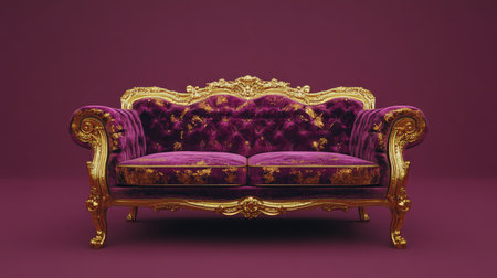 This stunning vintage sofa showcases a blend of rich purple velvet and intricate gold carvings, making it a luxurious centerpiece for any living space.の素材