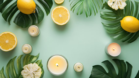 This captivating flat lay features fresh lemons and limes surrounded by tropical leaves and soft candles, creating a serene and inviting atmosphere perfect for relaxation and wellness.の素材