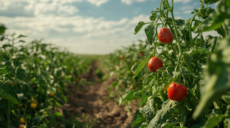 A stunning view of ripe red tomatoes hanging from green vines in an expansive agricultural field, capturing the essence of healthy farming practices and nature.の素材