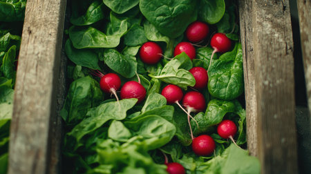 A vibrant display of fresh radishes nestled among crisp spinach leaves in a rustic wooden crate, ideal for promoting healthy eating and organic lifestyles.の素材